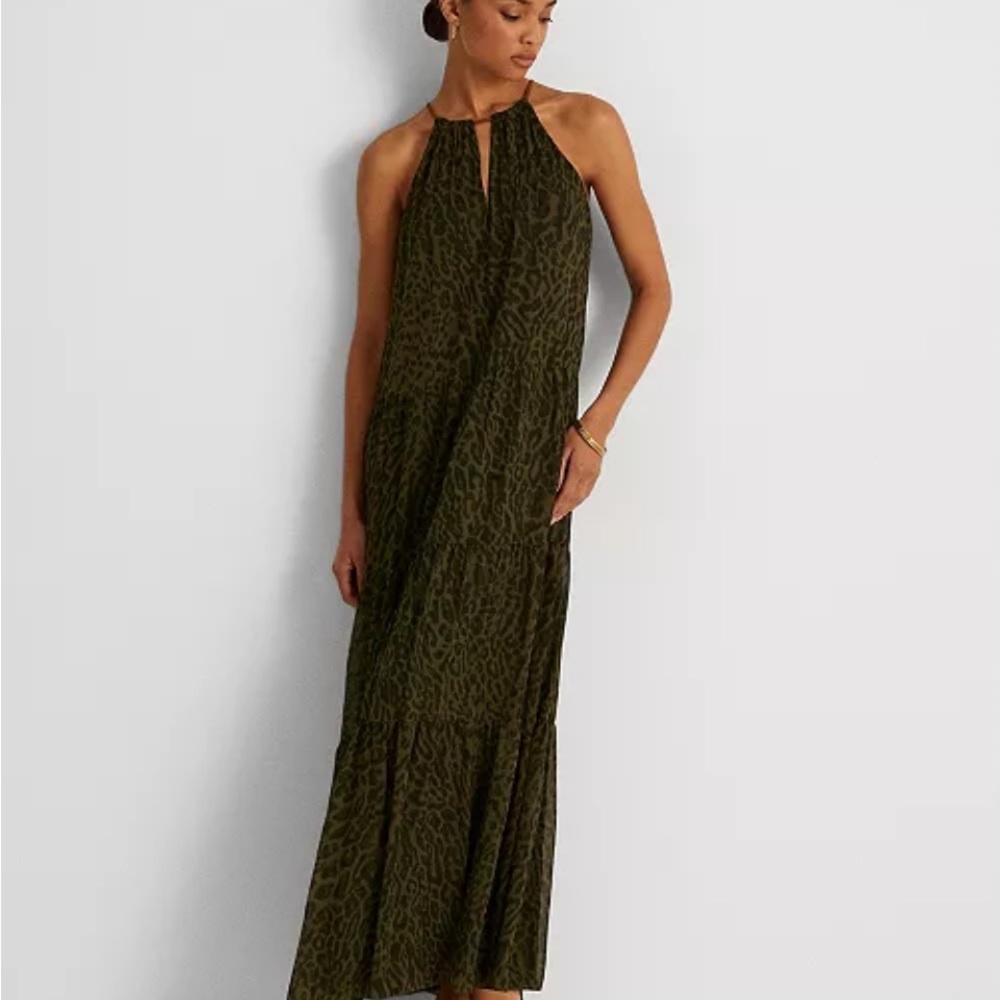 Ralph Lauren Ocelot-Print Crinkle Georgette Halter Dress In Olive Multi Medium
